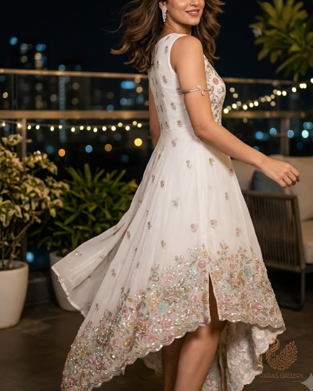 White Dyeable Georgette Fabric With All Over Sequins, Katdana, Zari, Thread, Bead And 3D Work With One Side Heavy Border 23692