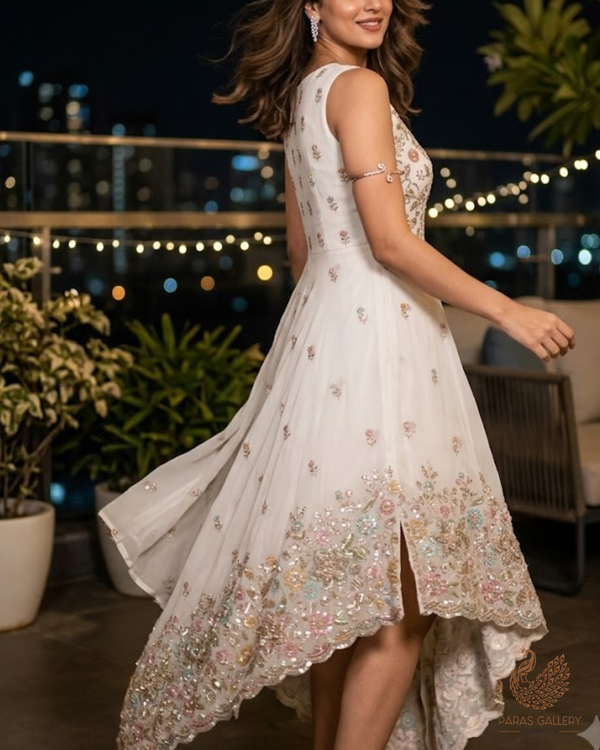 White Dyeable Georgette Fabric With All Over Sequins, Katdana, Zari, Thread, Bead And 3D Work With One Side Heavy Border 23692
