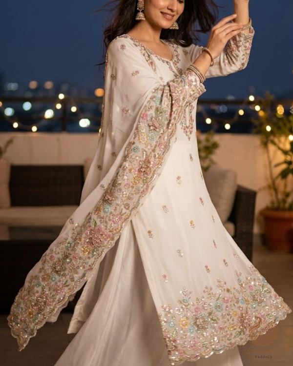White Dyeable Georgette Fabric With All Over Sequins, Katdana, Zari, Thread, Bead And 3D Work With One Side Heavy Border 23692