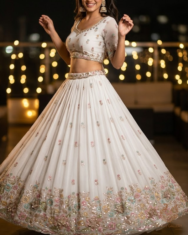 White Dyeable Georgette Fabric With All Over Sequins, Katdana, Zari, Thread, Bead And 3D Work With One Side Heavy Border 23692