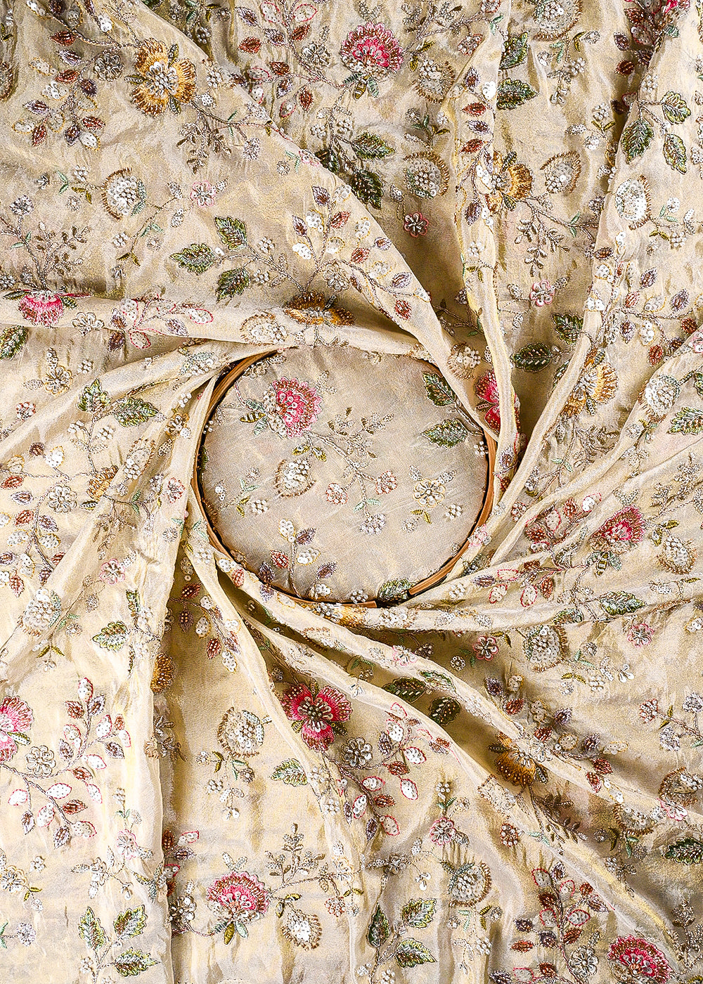 Golden Dyeable Tissue Fabric With All Over Sequins, Katdana, Zari, Thread And Bead Work 23693