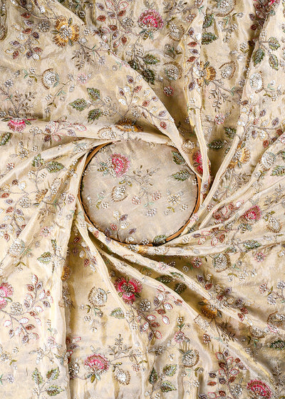 Golden Dyeable Tissue Fabric With All Over Sequins, Katdana, Zari, Thread And Bead Work 23693