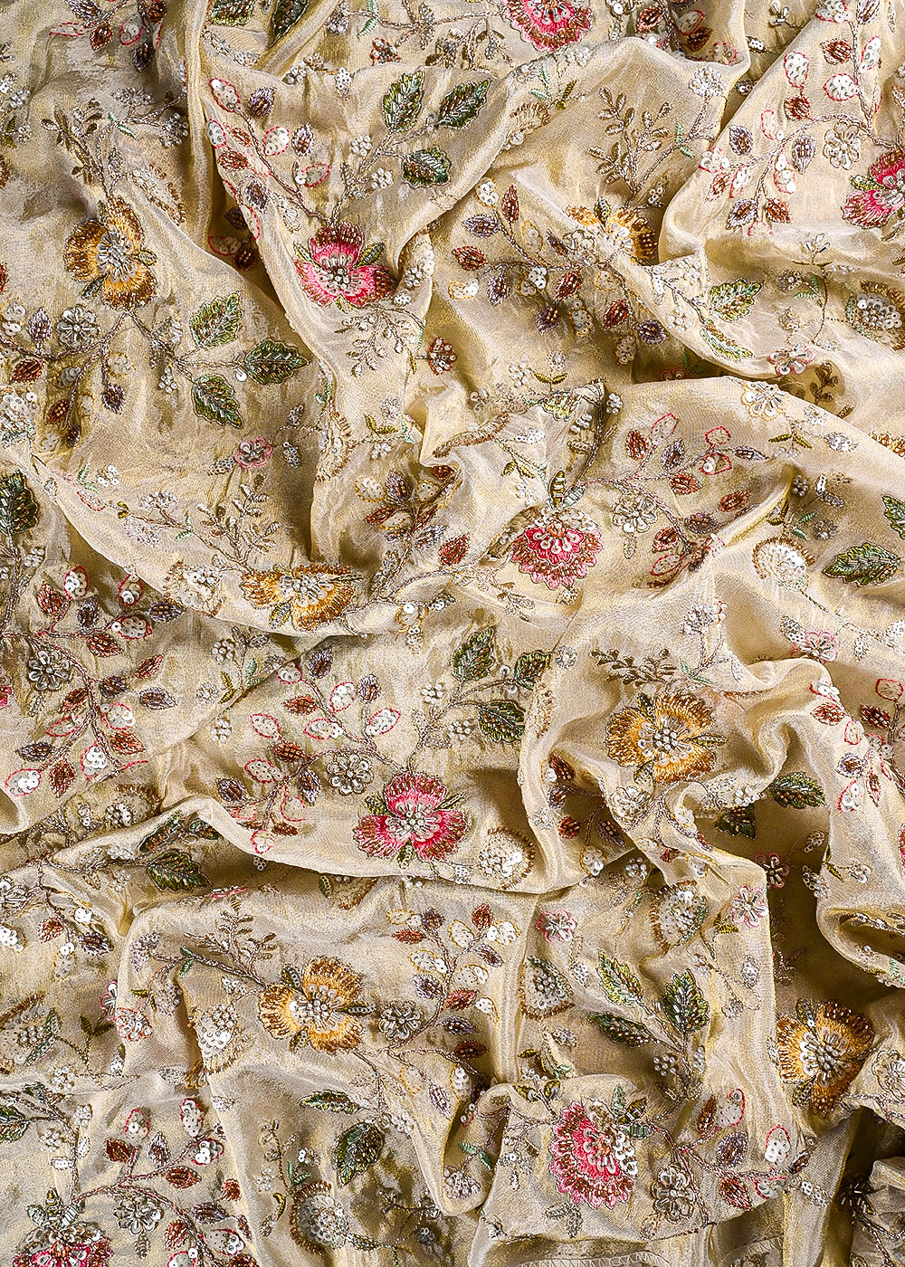 Golden Dyeable Tissue Fabric With All Over Sequins, Katdana, Zari, Thread And Bead Work 23693