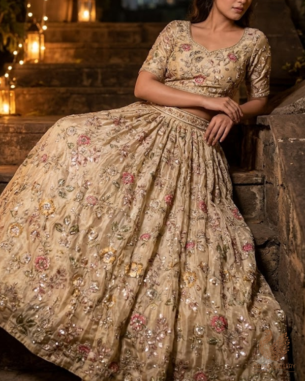 Golden Dyeable Tissue Fabric With All Over Sequins, Katdana, Zari, Thread And Bead Work 23693