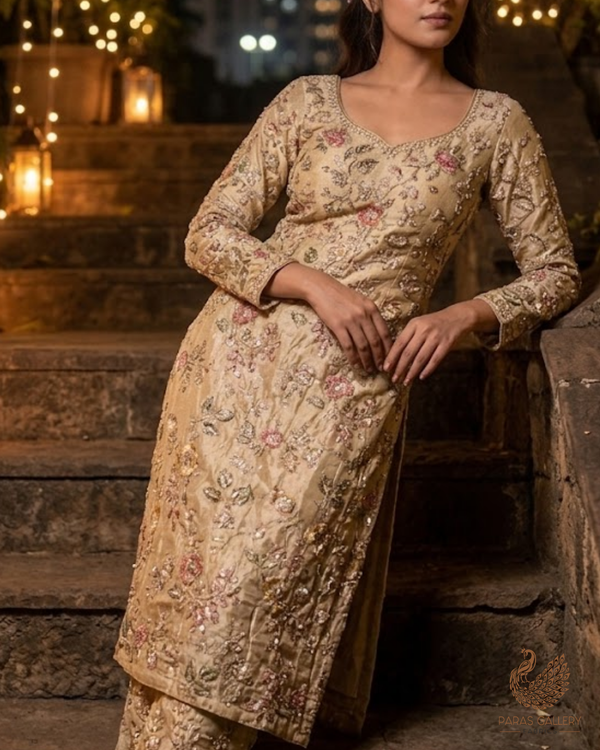 Golden Dyeable Tissue Fabric With All Over Sequins, Katdana, Zari, Thread And Bead Work 23693