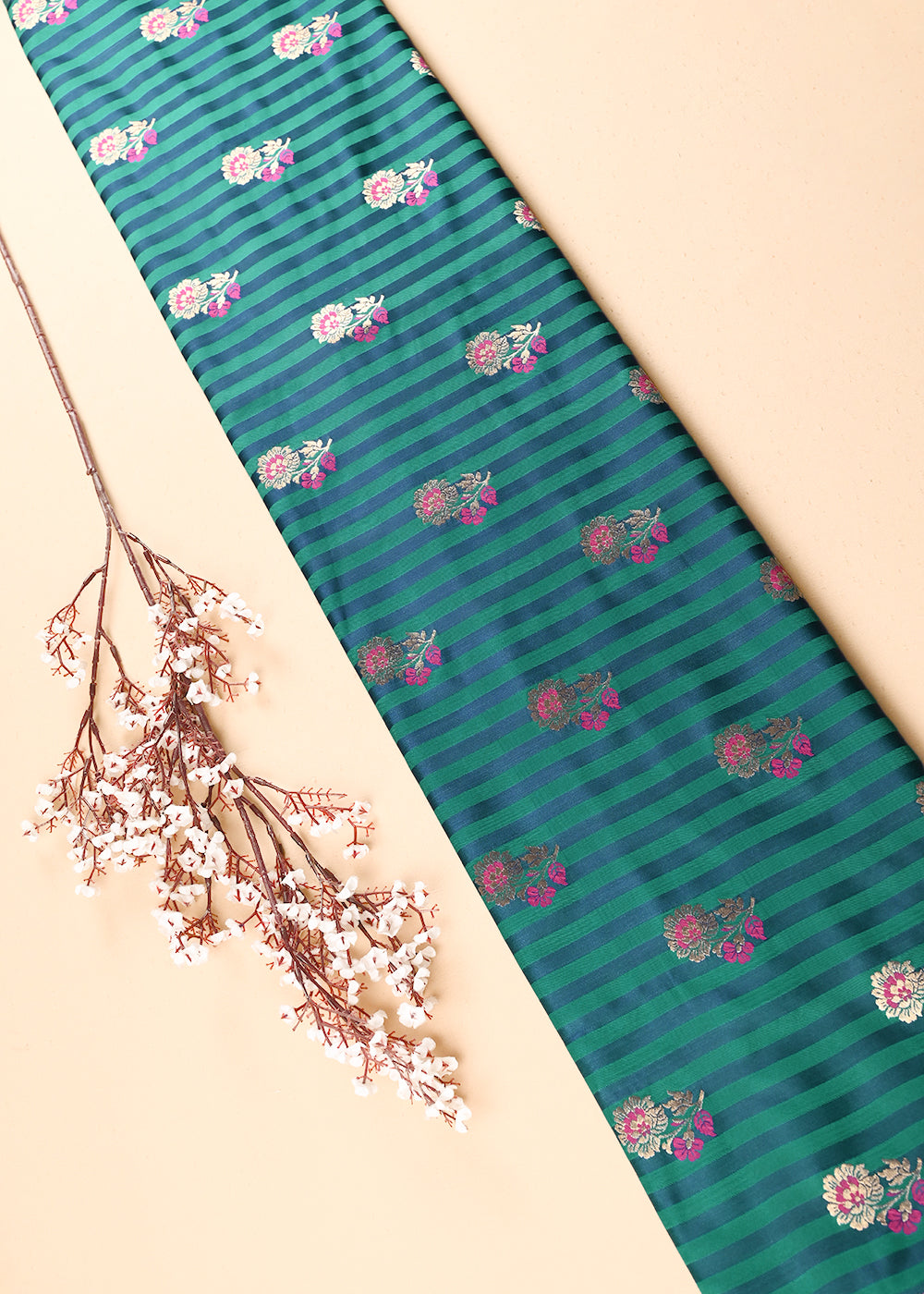 Teal Blue Silk Fabric With All Over Thread And Zari Handloom 23707