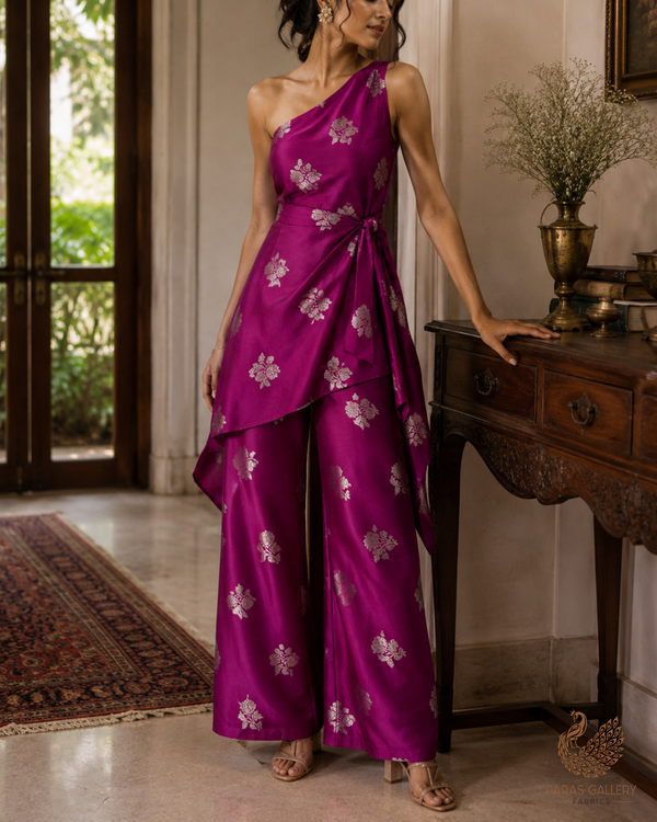 Purple Banarasi Brocade Fabric With All Over Zari Handloom 23716