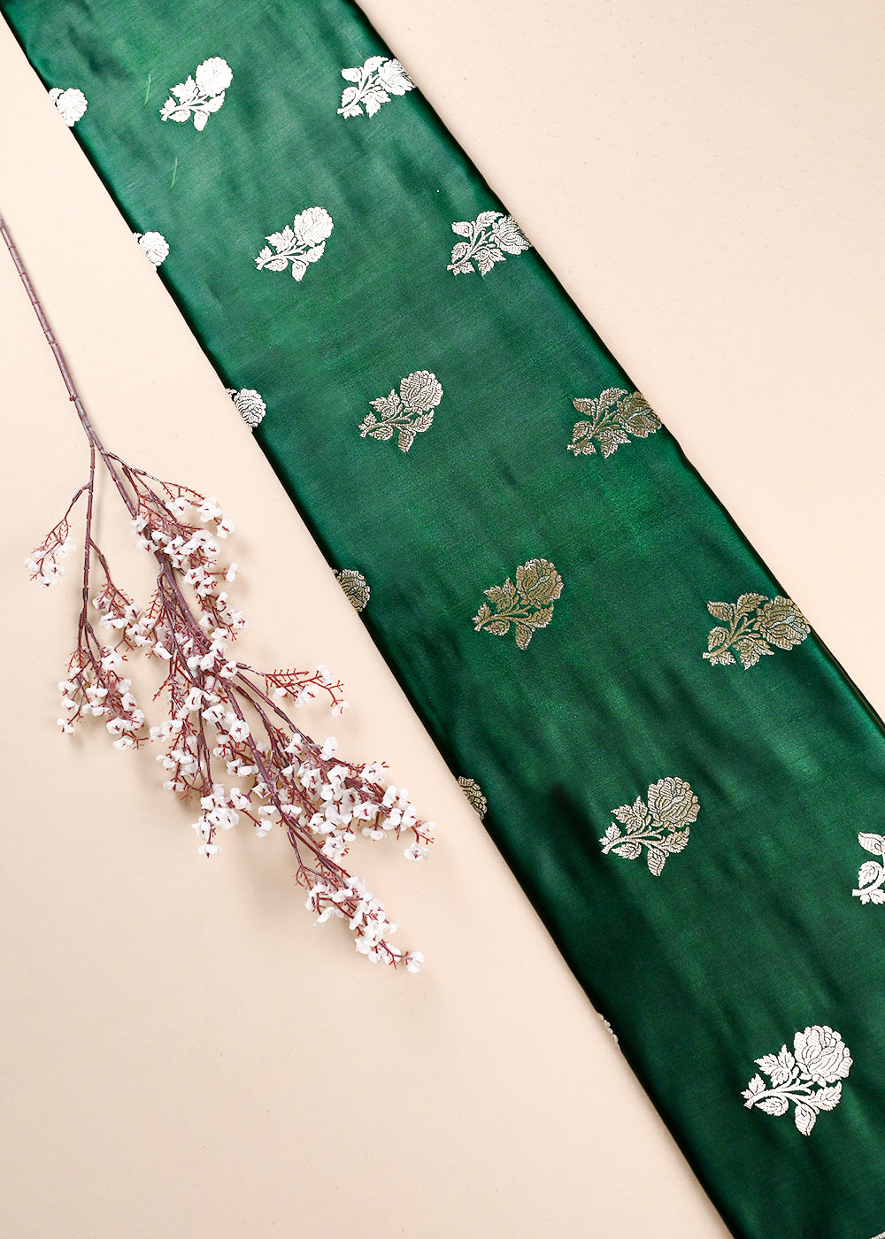 Bottle Green Banarasi Brocade Fabric With All Over Zari Handloom 23719