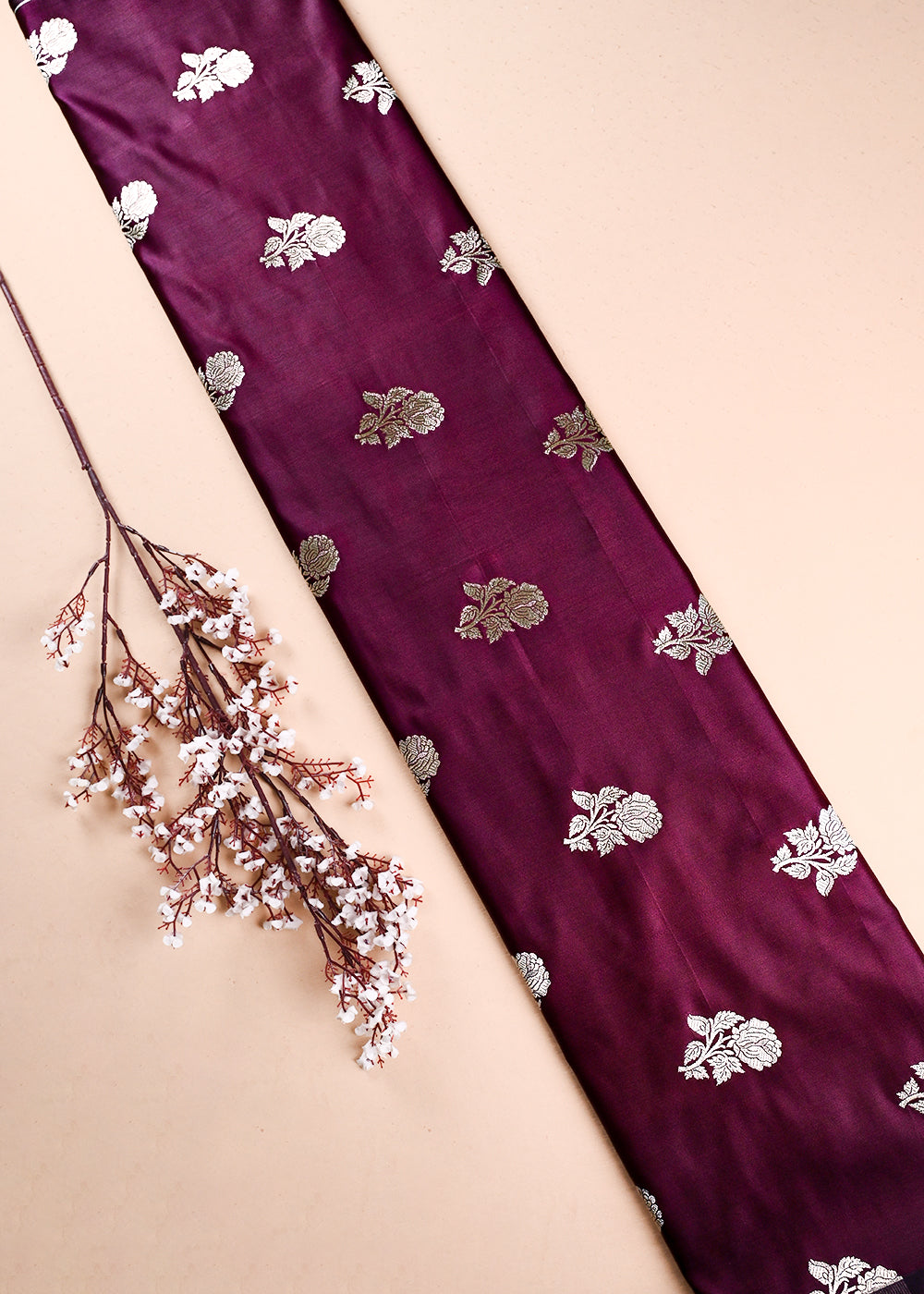 Burgundy Banarasi Brocade Fabric With All Over Zari Handloom 23721