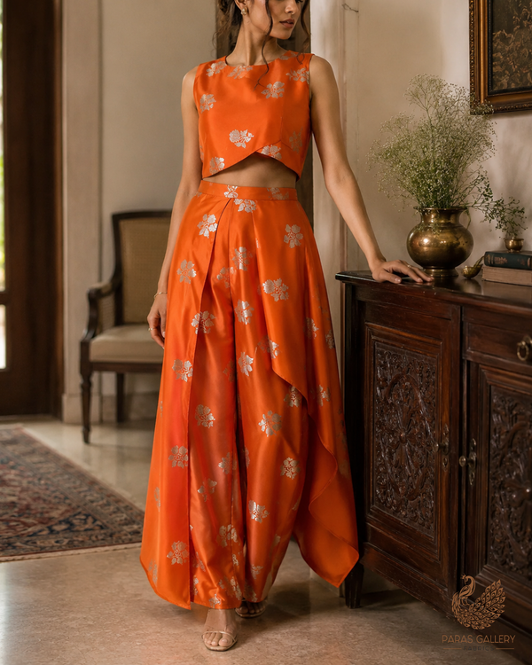 Orange Banarasi Brocade Fabric With All Over Zari Handloom 23717