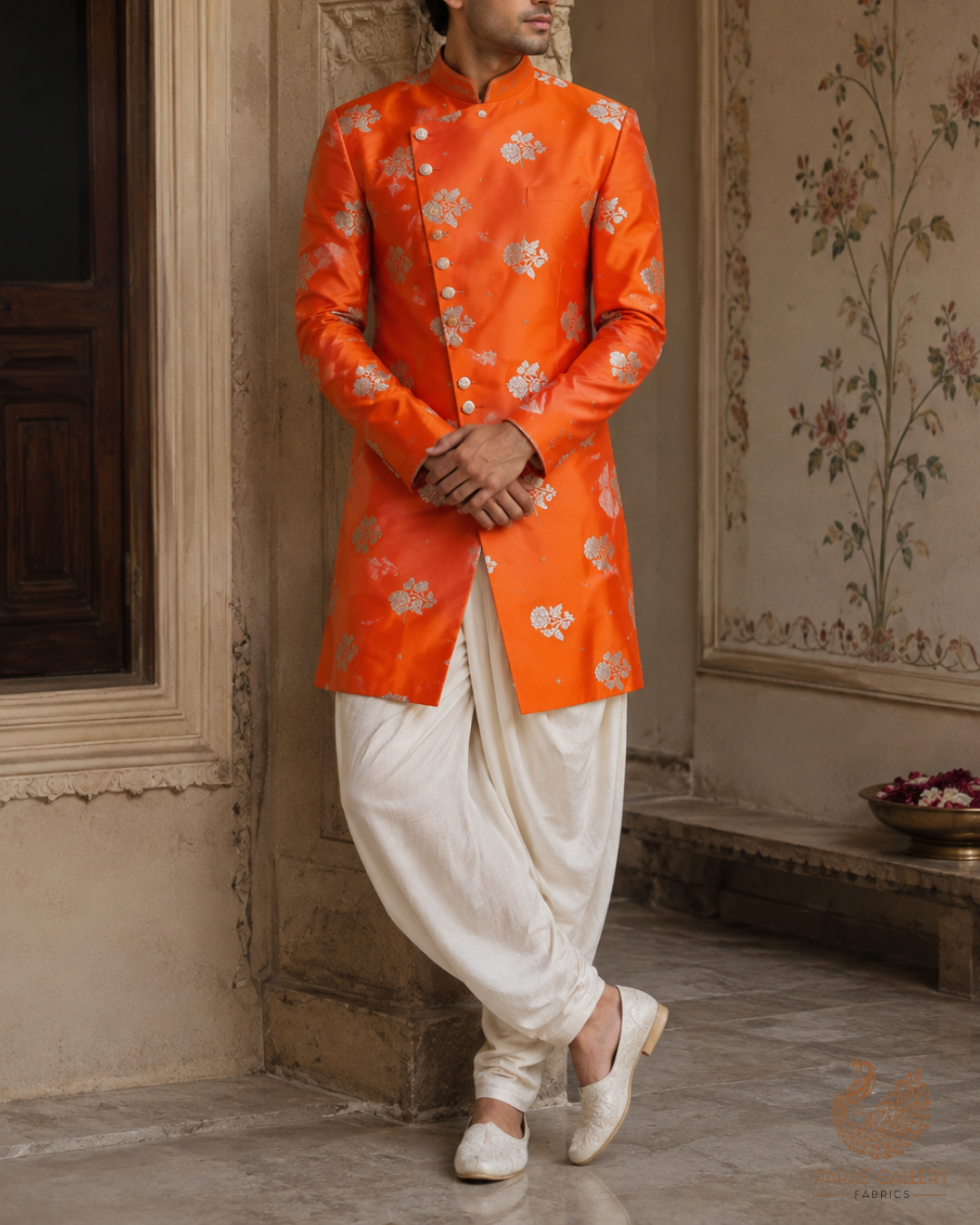 Orange Banarasi Brocade Fabric With All Over Zari Handloom 23717