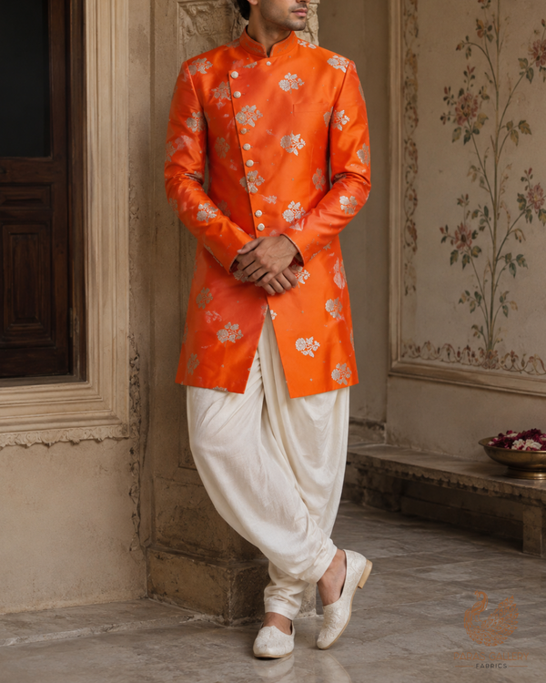 Orange Banarasi Brocade Fabric With All Over Zari Handloom 23717