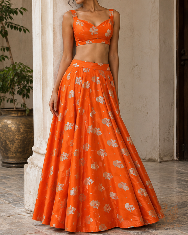 Orange Banarasi Brocade Fabric With All Over Zari Handloom 23717