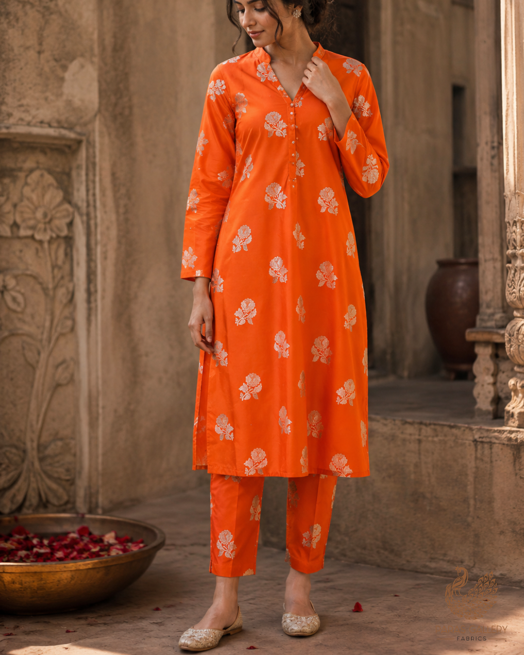 Orange Banarasi Brocade Fabric With All Over Zari Handloom 23717