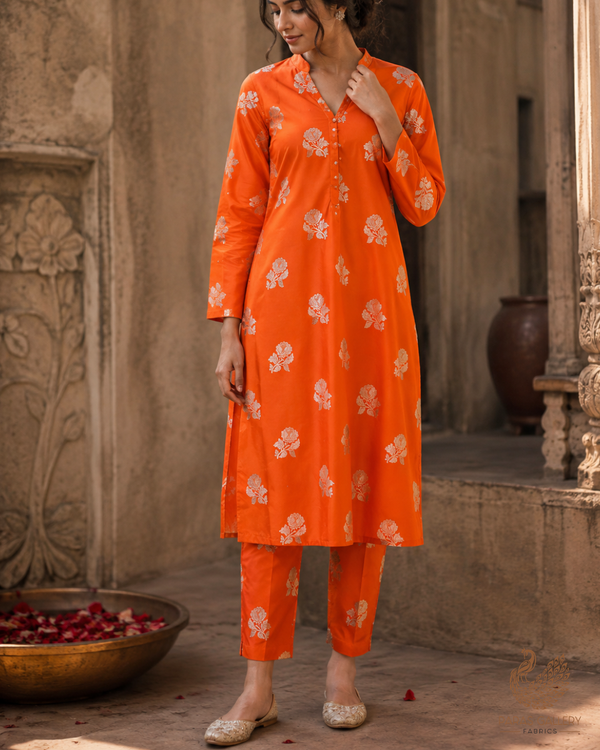Orange Banarasi Brocade Fabric With All Over Zari Handloom 23717