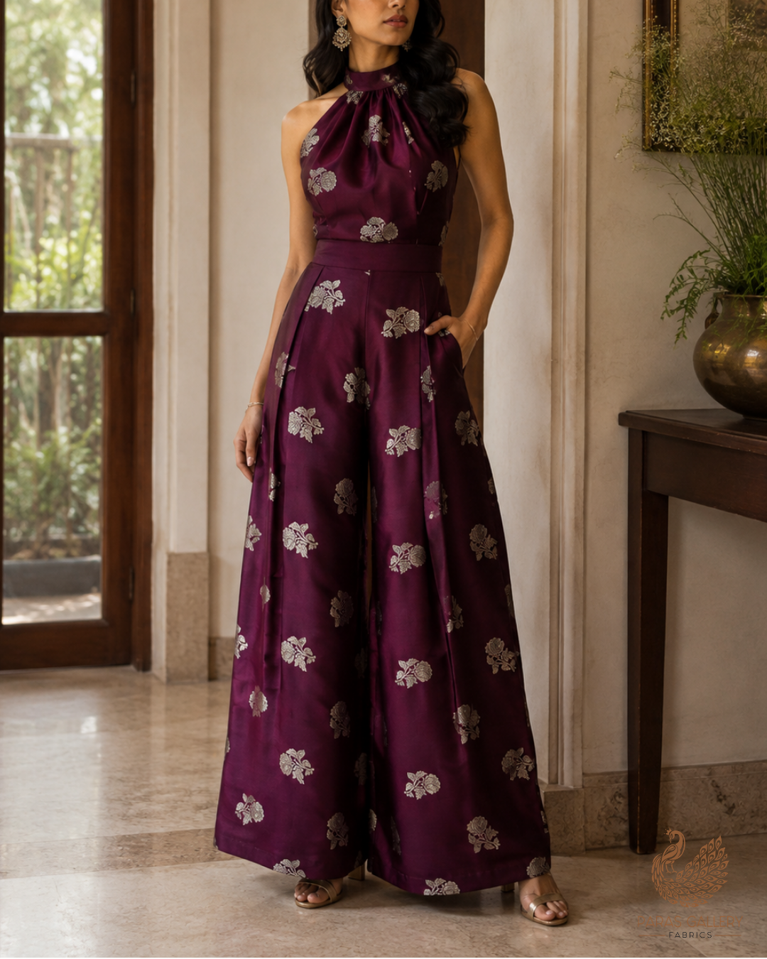 Burgundy Banarasi Brocade Fabric With All Over Zari Handloom 23721