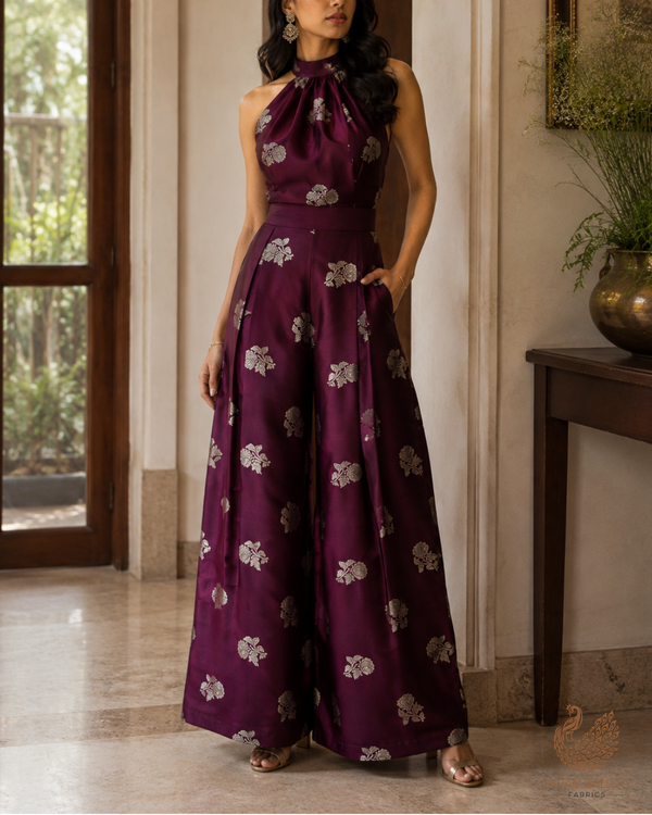 Burgundy Banarasi Brocade Fabric With All Over Zari Handloom 23721