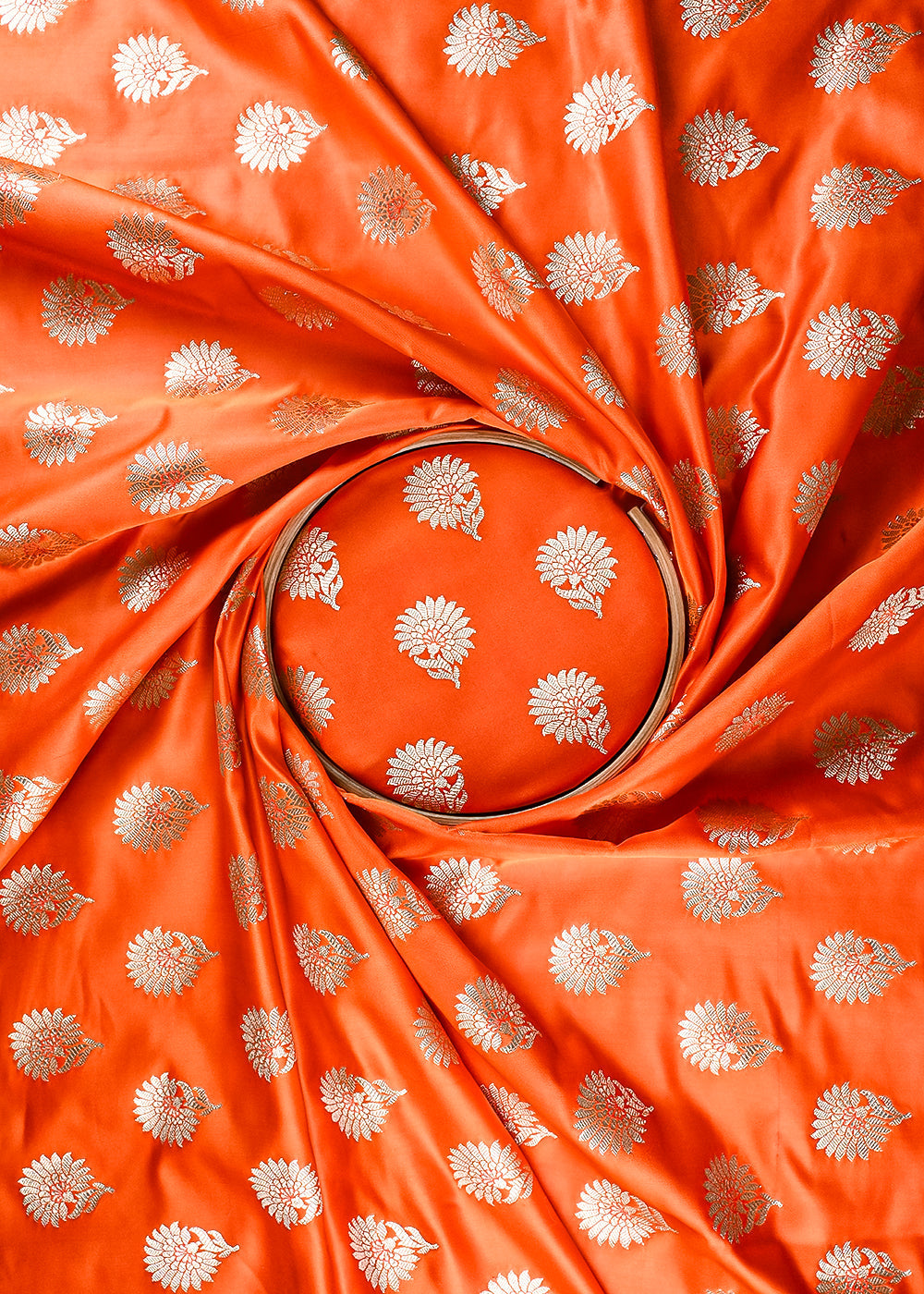 Orange Banarasi Brocade Fabric With All Over Zari Handloom 23724