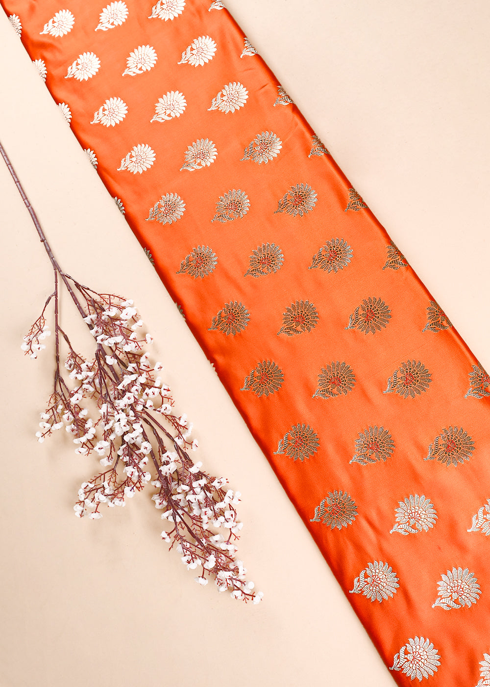Orange Banarasi Brocade Fabric With All Over Zari Handloom 23724