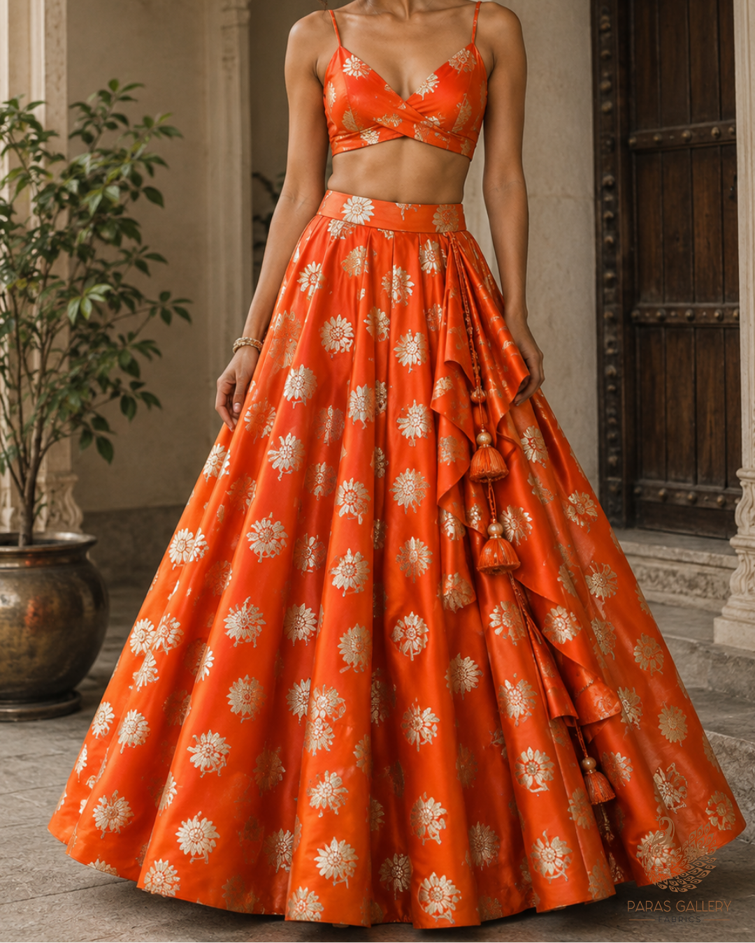 Orange Banarasi Brocade Fabric With All Over Zari Handloom 23724