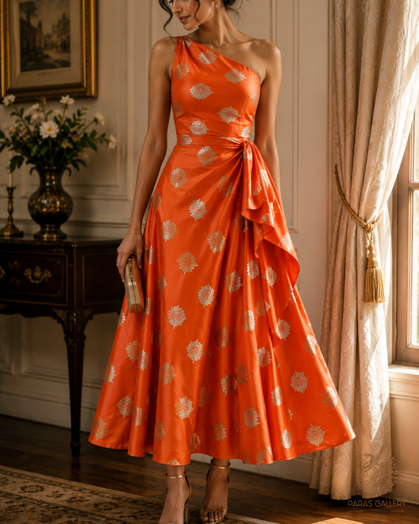 Orange Banarasi Brocade Fabric With All Over Zari Handloom 23724
