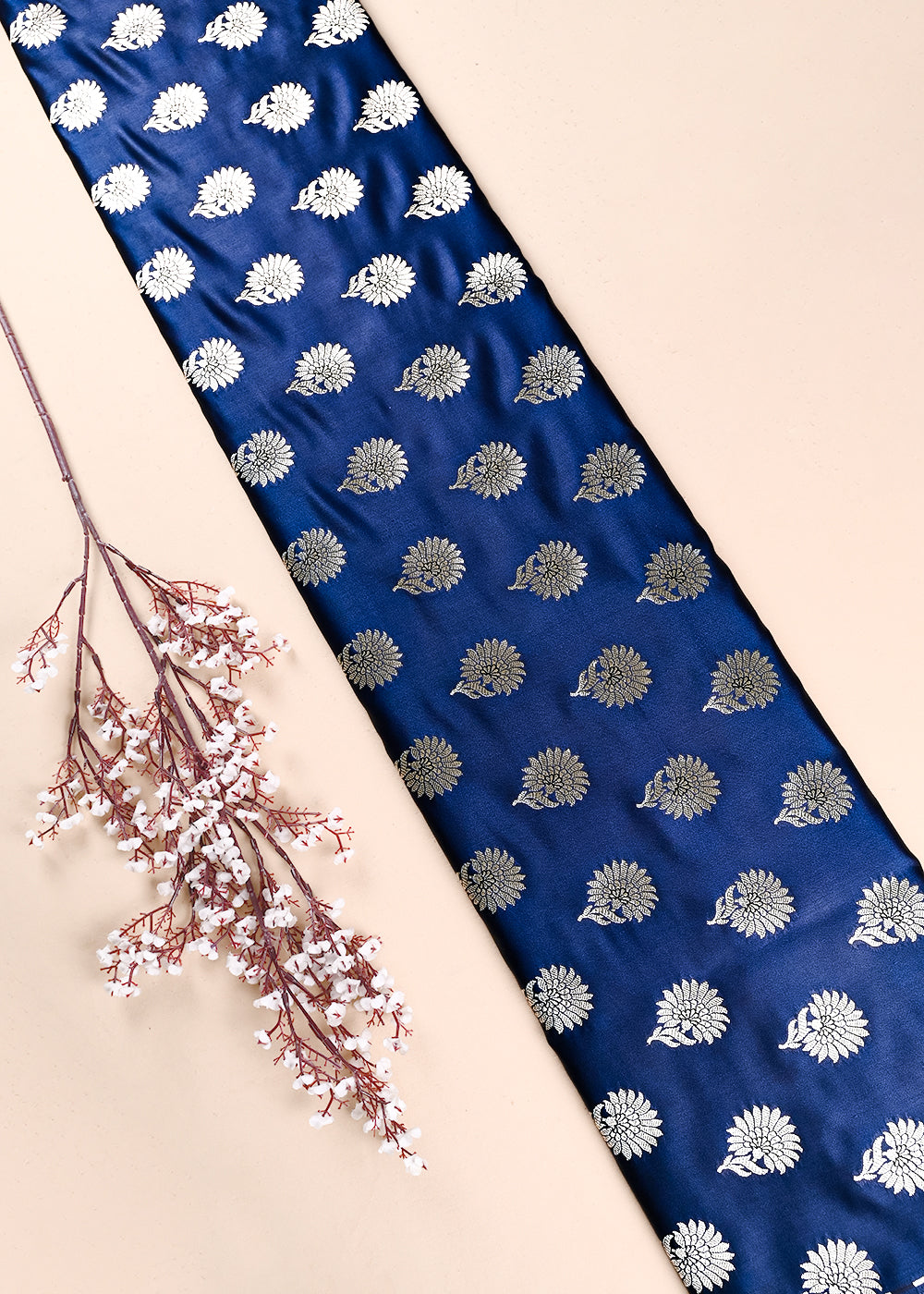 Navy Blue Banarasi Brocade Fabric With All Over Zari Handloom 23725