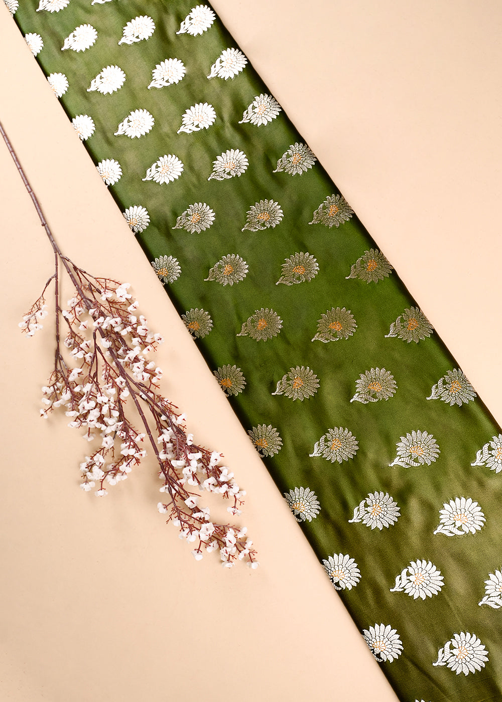 Mehendi Green Banarasi Brocade Fabric With All Over Zari Handloom 23728