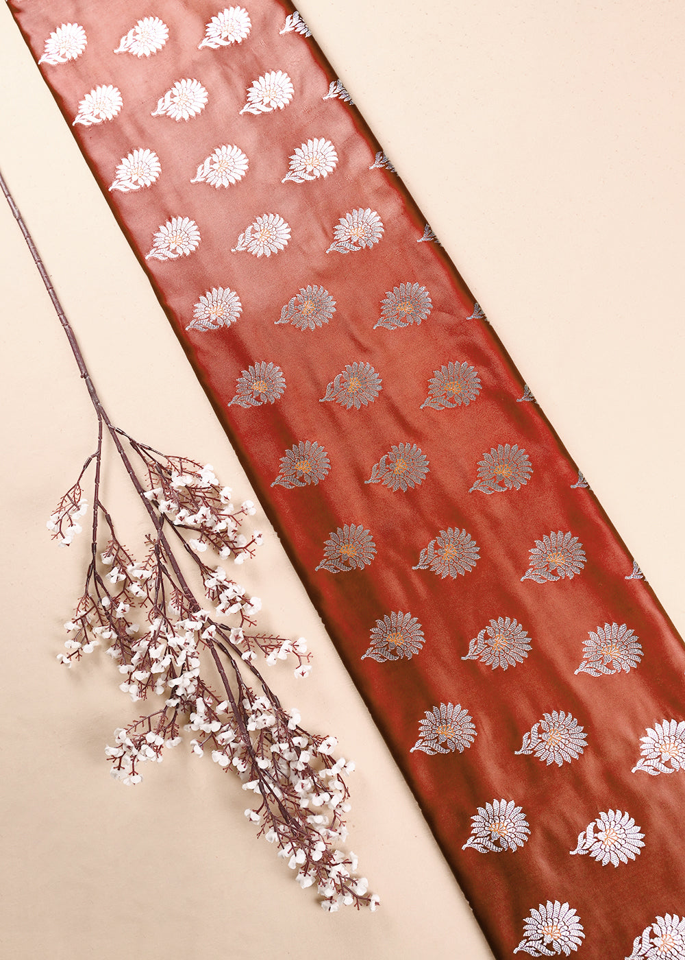 Rust Banarasi Brocade Fabric With All Over Zari Handloom 23729