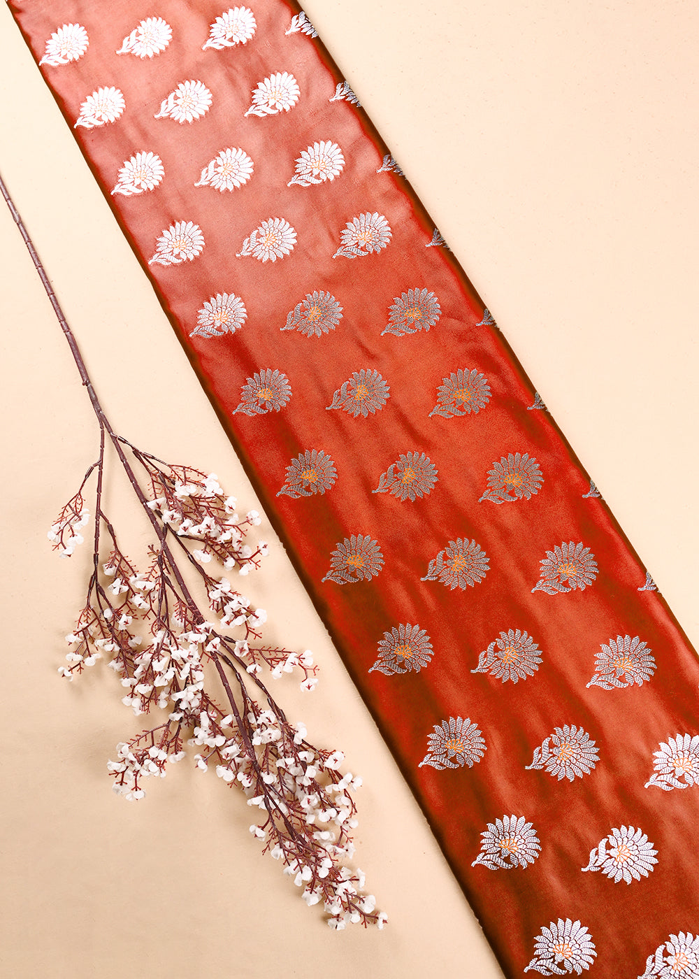 Rust Banarasi Brocade Fabric With All Over Zari Handloom 23729