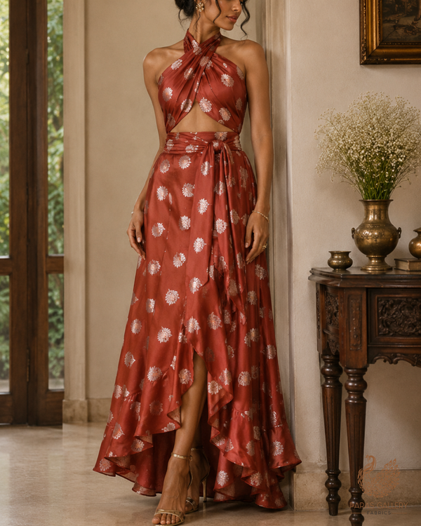 Rust Banarasi Brocade Fabric With All Over Zari Handloom 23729