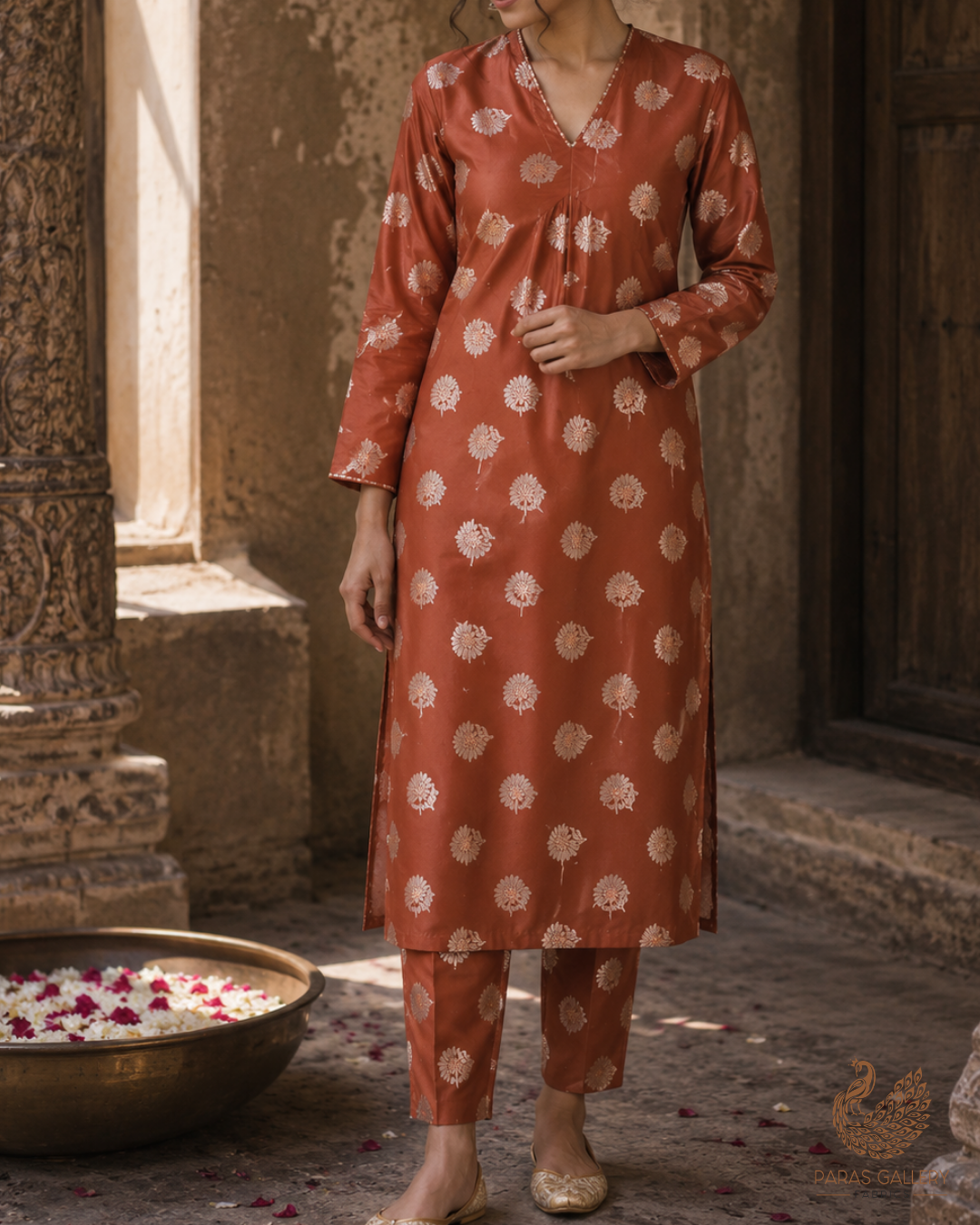Rust Banarasi Brocade Fabric With All Over Zari Handloom 23729