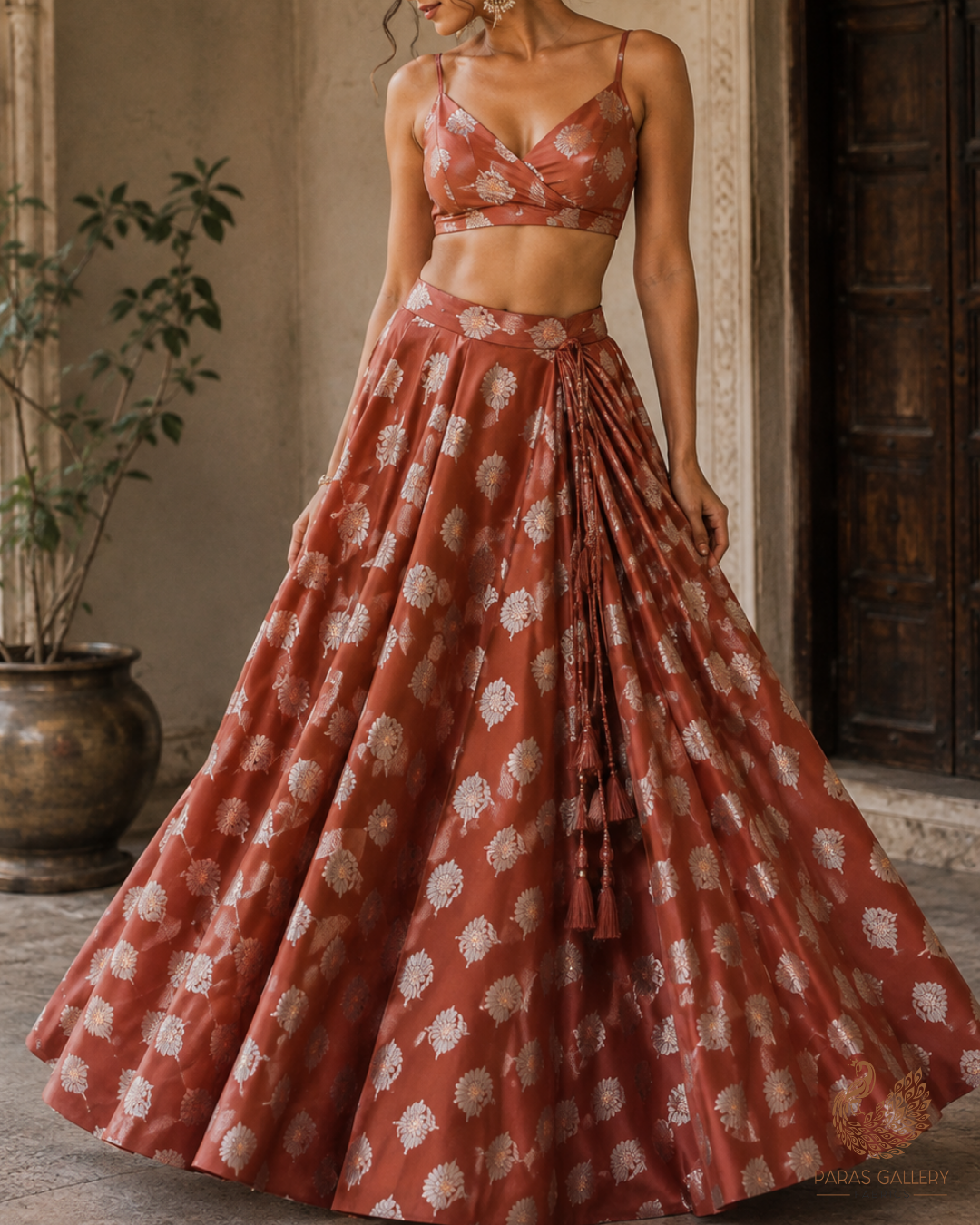 Rust Banarasi Brocade Fabric With All Over Zari Handloom 23729