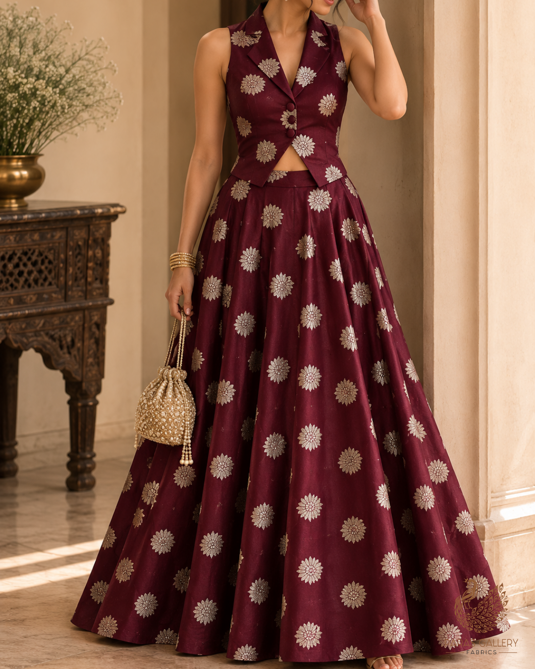 Burgundy Banarasi Brocade Fabric With All Over Zari Handloom 23730