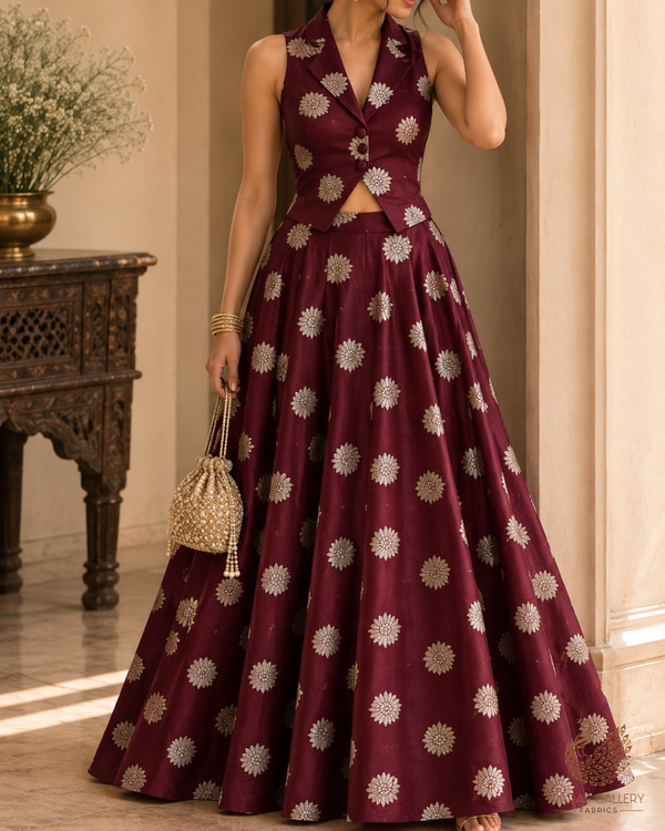 Burgundy Banarasi Brocade Fabric With All Over Zari Handloom 23730
