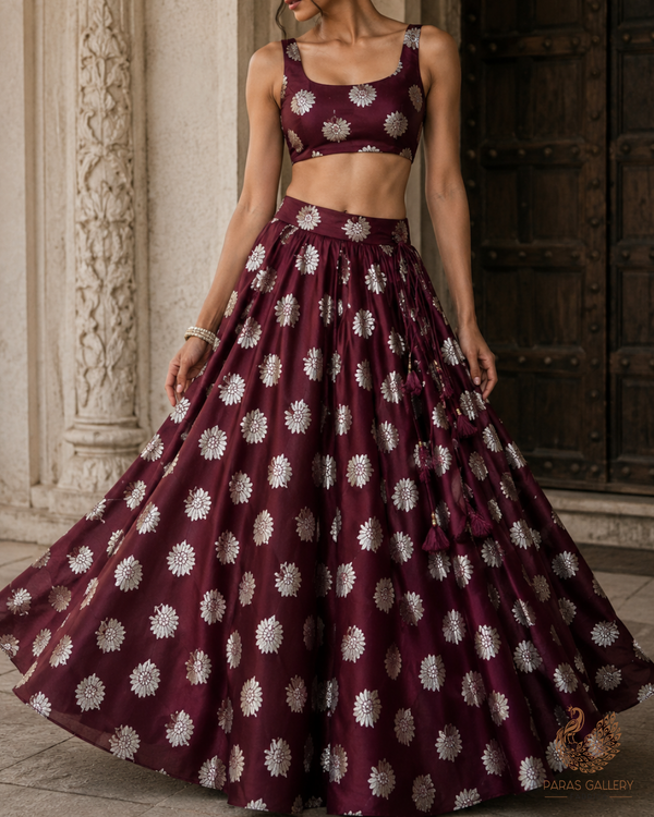 Burgundy Banarasi Brocade Fabric With All Over Zari Handloom 23730