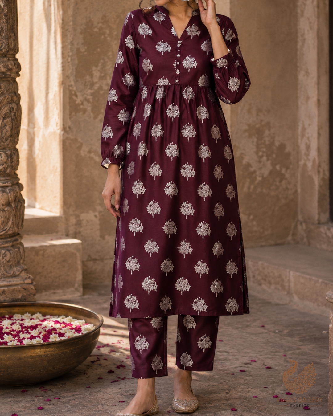 Burgundy Banarasi Brocade Fabric With All Over Zari Handloom 23730