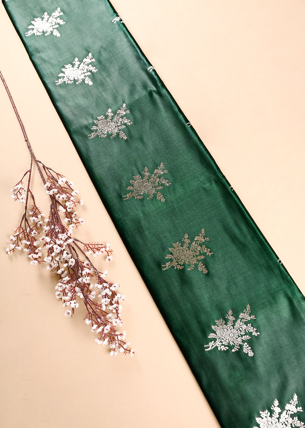 Bottle Green Banarasi Brocade Fabric With All Over Zari Handloom 23731