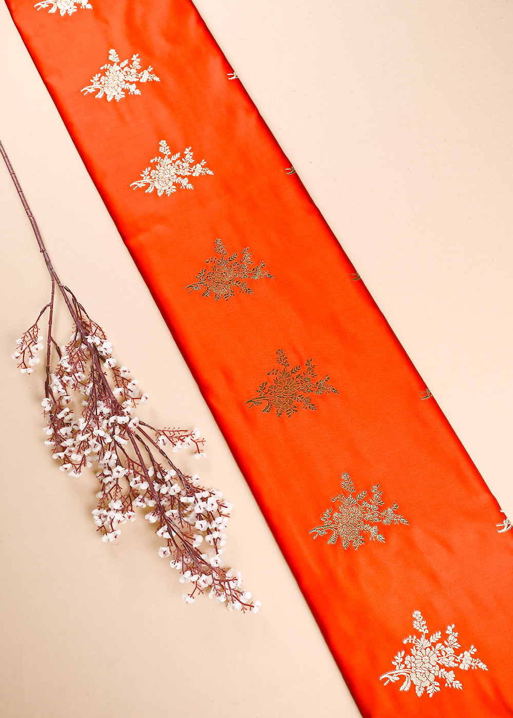 Orange Banarasi Brocade Fabric With All Over Zari Handloom 23734