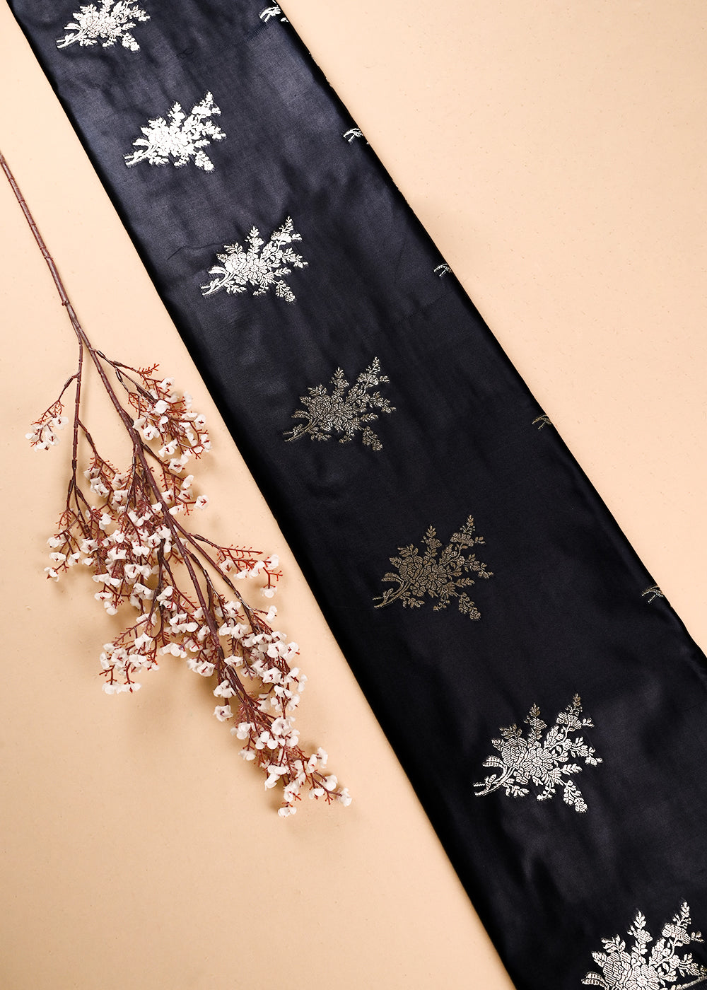 Black Banarasi Brocade Fabric With All Over Zari Handloom 23735