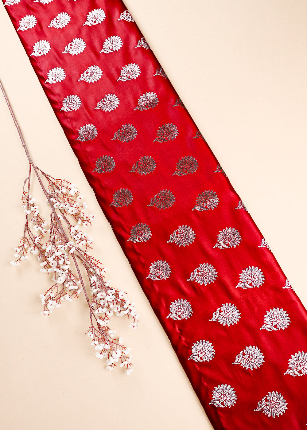 Red Banarasi Brocade Fabric With All Over Zari Handloom 23738