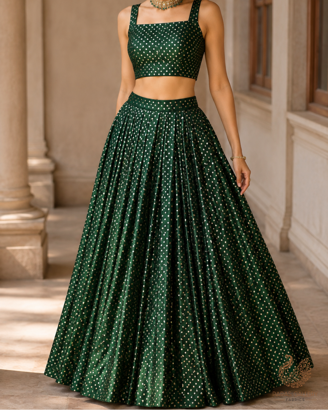 Bottle Green Banarasi Brocade Fabric With All Over Zari Handloom 23739