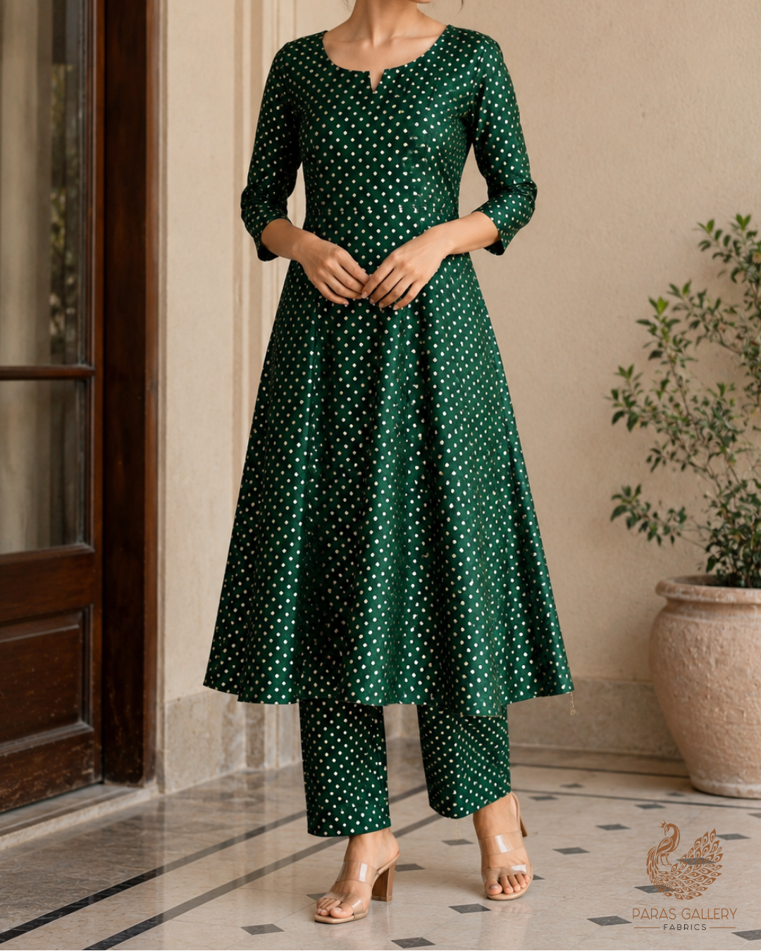Bottle Green Banarasi Brocade Fabric With All Over Zari Handloom 23739