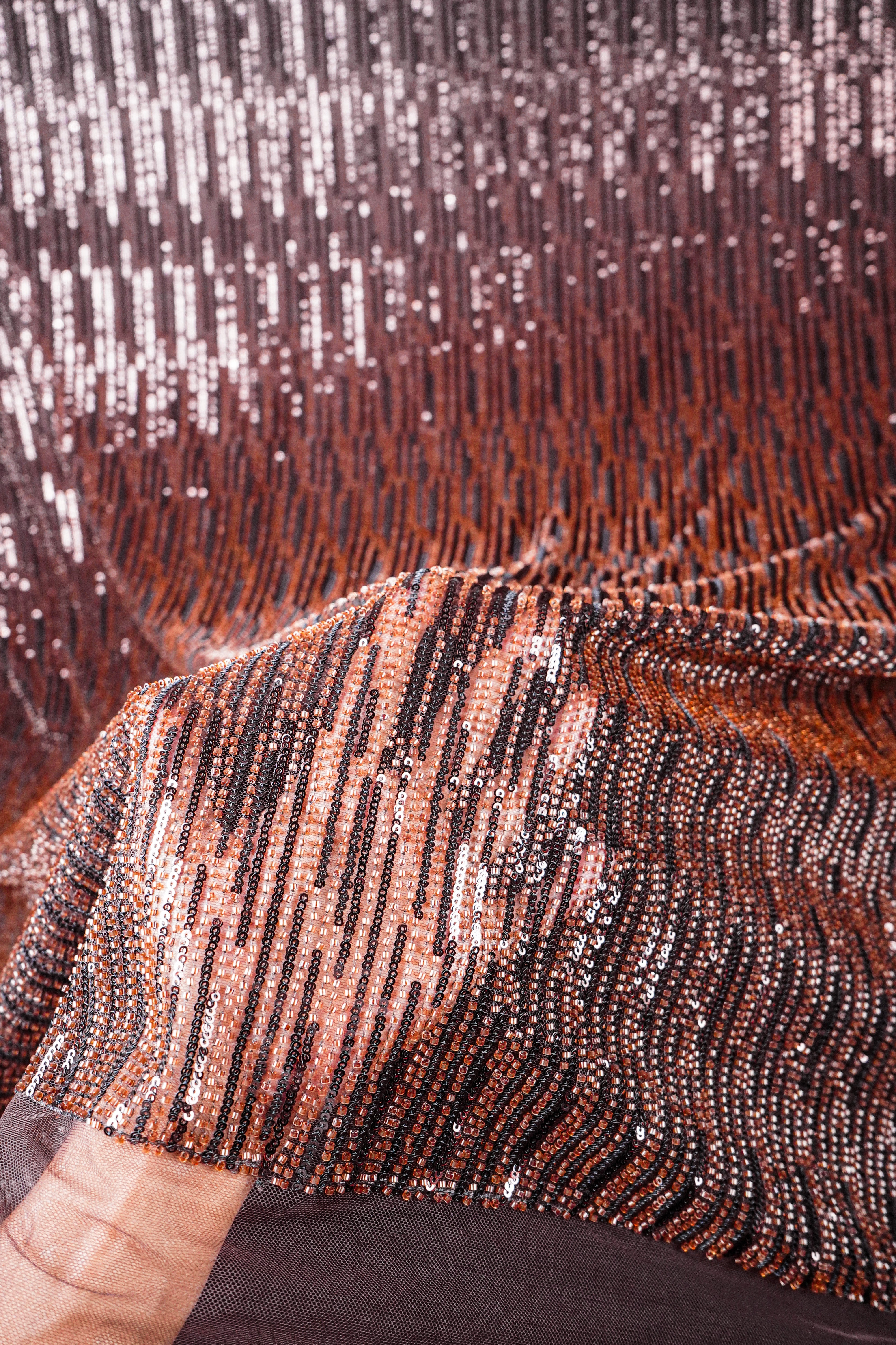 Coffee Imported Net Fabric With All Over Sequins And Katdana Work 23763