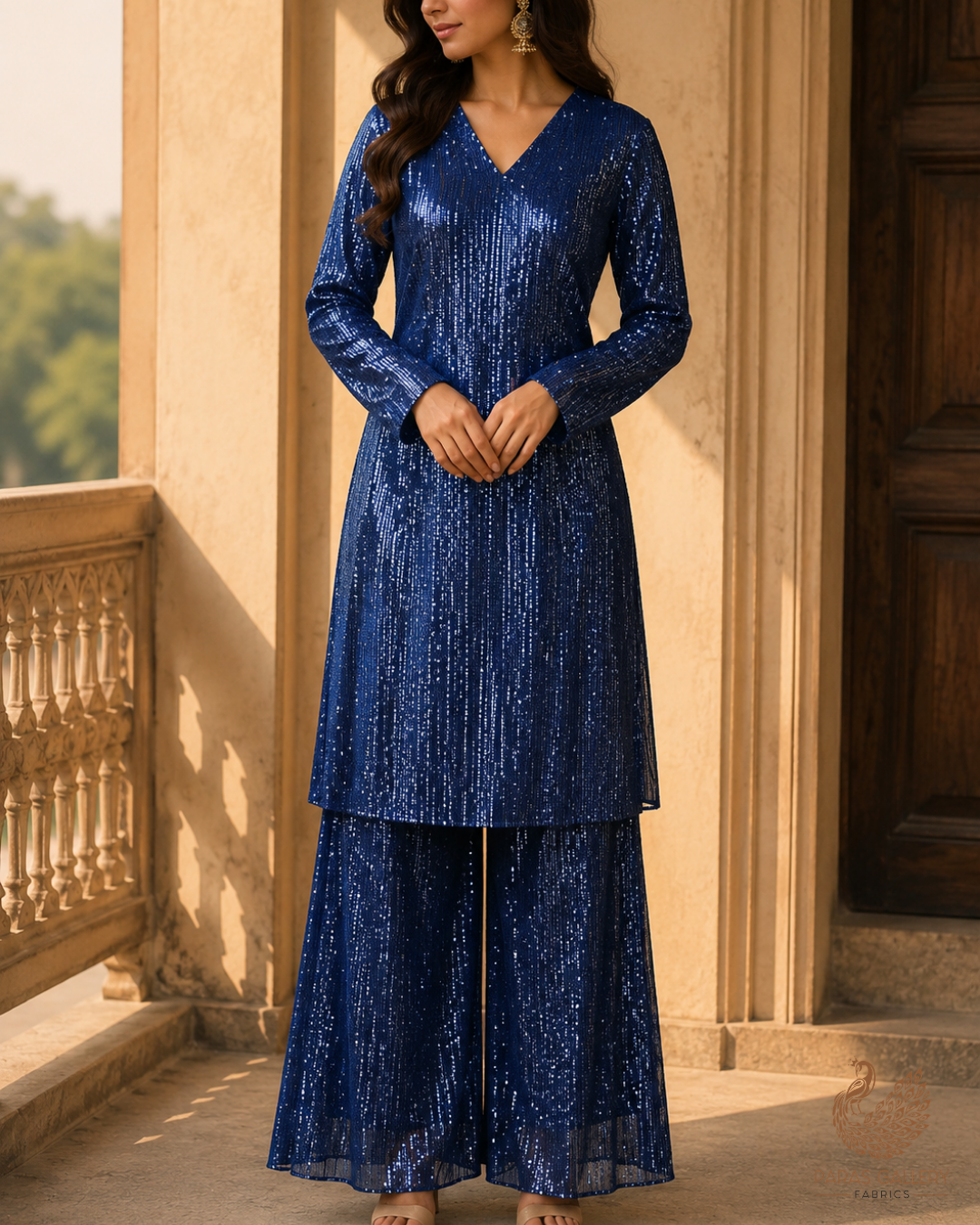 Navy Blue Imported Net Fabric With All Over Sequins And Katdana Work 23764