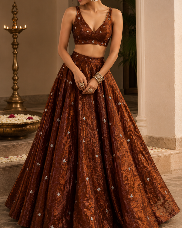 Brown Diamond Tissue Fabric With All Over Buti Of Zari, Sequins And Katdana Work 23775