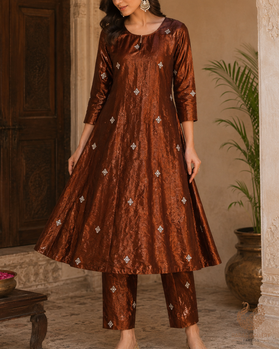 Brown Diamond Tissue Fabric With All Over Buti Of Zari, Sequins And Katdana Work 23775