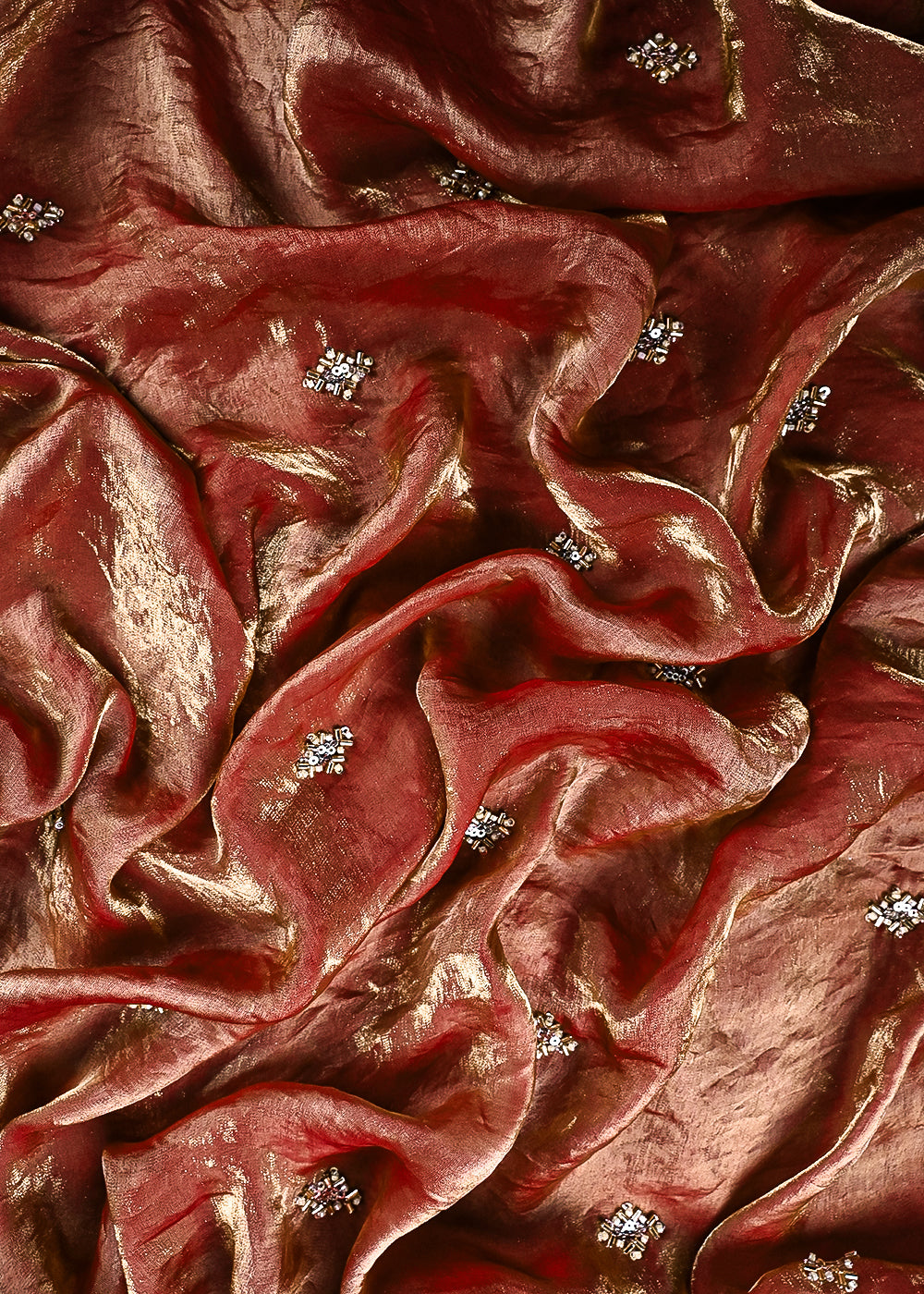 Dark Peach Diamond Tissue Fabric With All Over Zari, Sequins And Katdana Work 23776