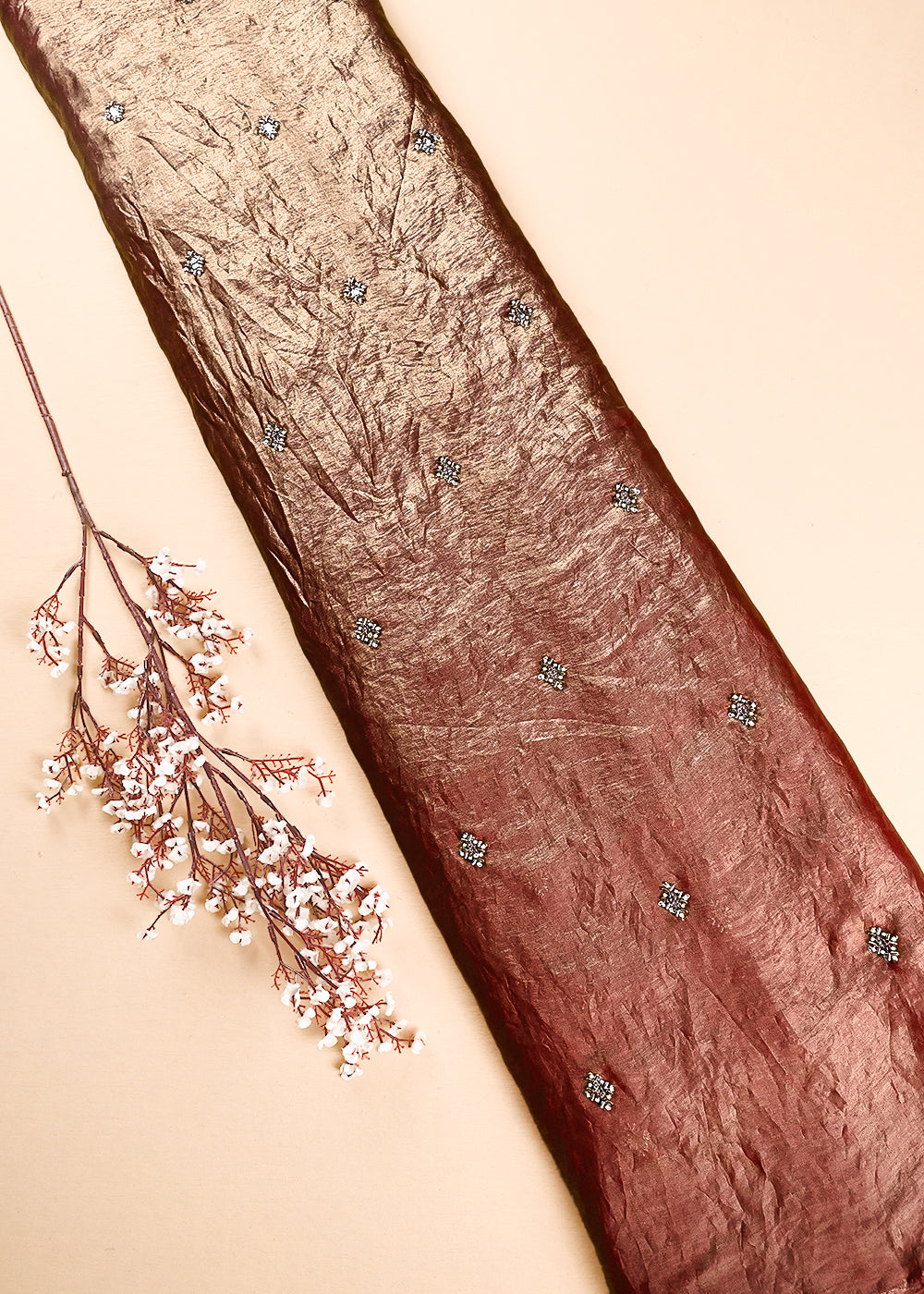 Dark Peach Diamond Tissue Fabric With All Over Zari, Sequins And Katdana Work 23776