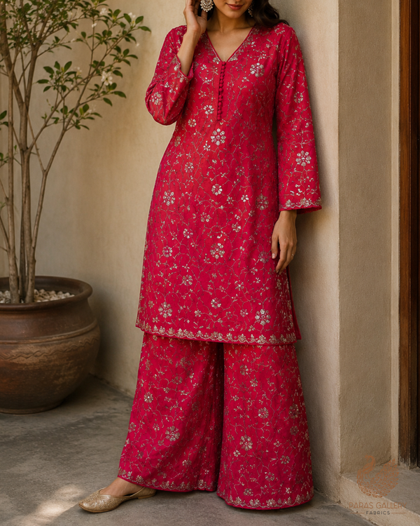 Rani Pink Diamond Silk Fabric With All Over Zari, Sequins, Katdana And Bead Work 23777