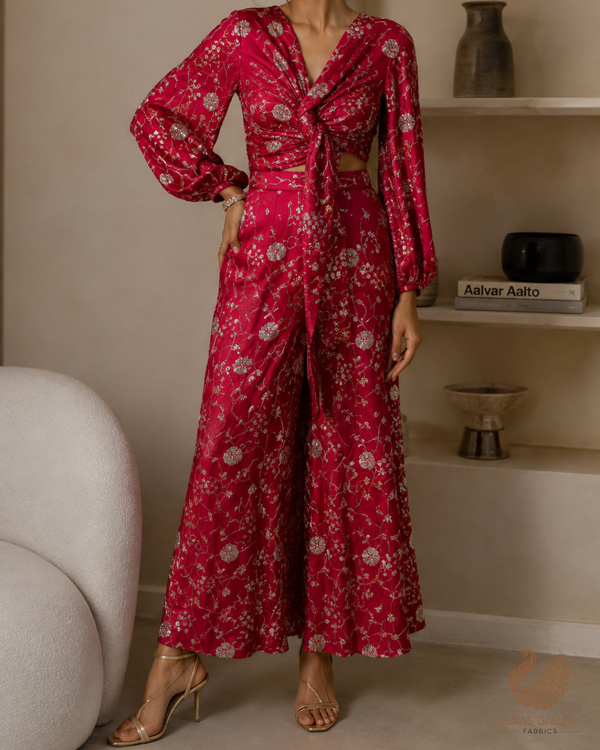 Rani Pink Diamond Silk Fabric With All Over Zari, Sequins, Katdana And Bead Work 23777